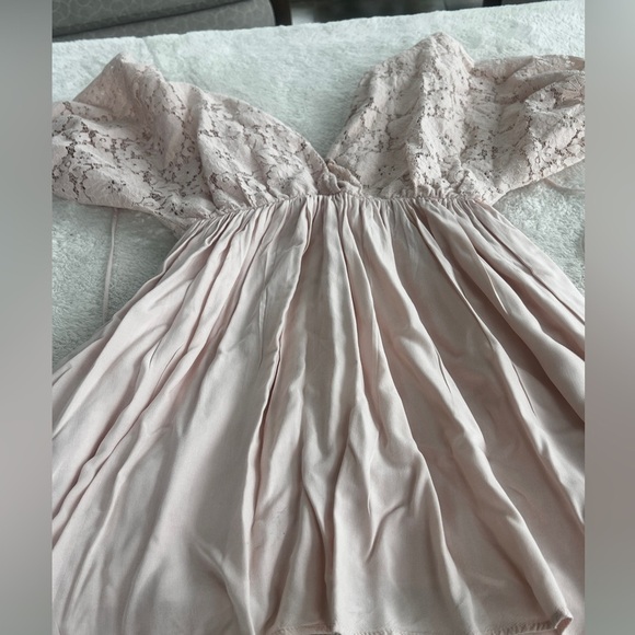 Aakaa Womens Juniors Sz A Mini Lace Boho Pale Pink  V-Neck Kaftan Mini Dress - Picture 11 of 16